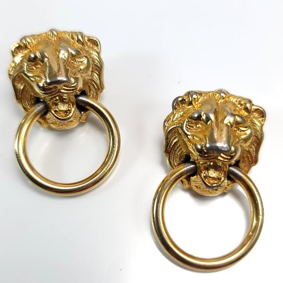 Gold Lion Head Hoop Earrings, Bold Statement Retro Fashion Jewelry for Women - Picture 1 of 10
